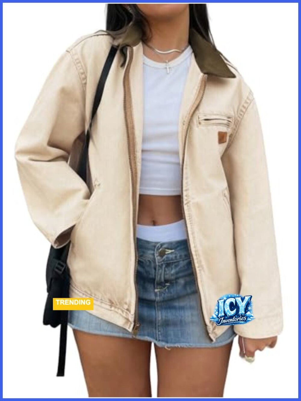 Cropped Barn Denim Jacket for Women Zip Up Long Sleeve Cotton